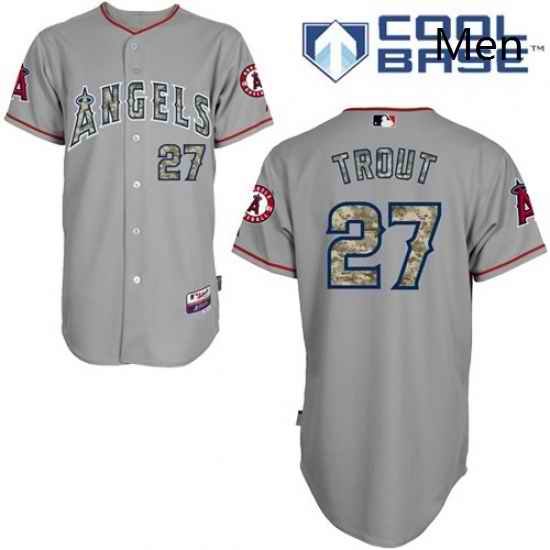 Mens Majestic Los Angeles Angels of Anaheim 27 Mike Trout Replica Grey USMC Cool Base MLB Jersey